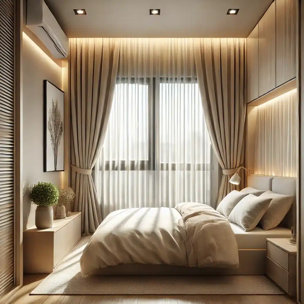 Recámara compacta con cortinas y persianas modernas | Persianas CDMX