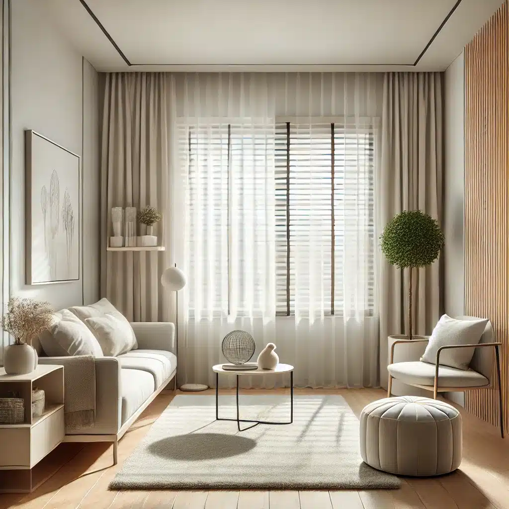 Sala moderna con cortinas ligeras y persianas delgadas | Persianas CDMX