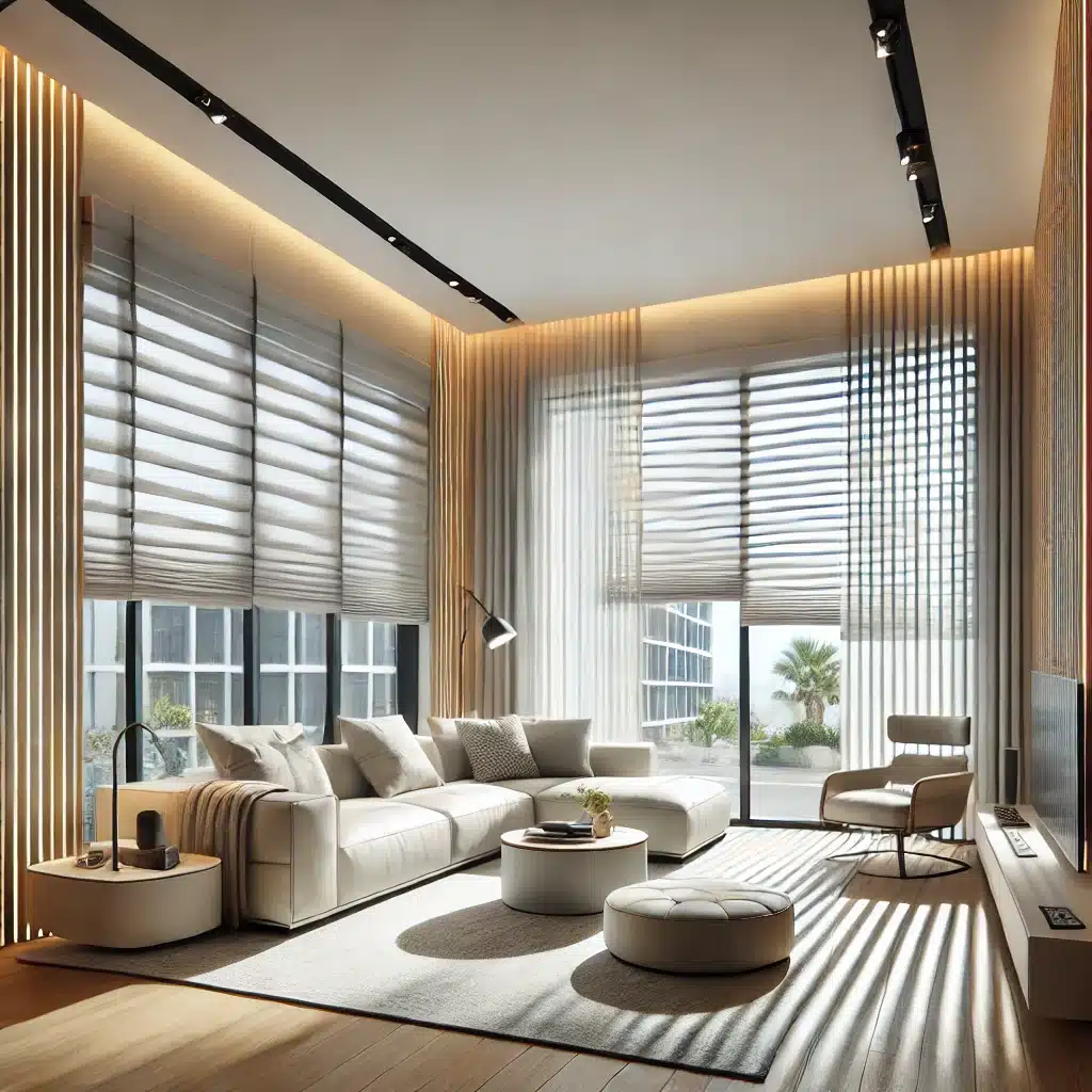 Sala moderna con persianas zebra y tonos neutros| Persianas CDMX