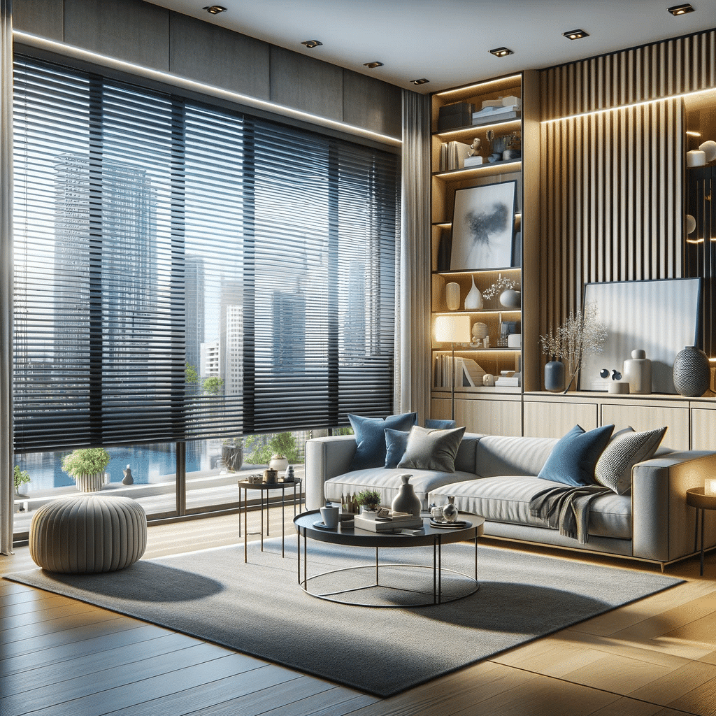 Imagen realista de persianas inteligentes instaladas en una sala de estar moderna, mostrando su integración armoniosa en un hogar contemporáneo | Persianas DF