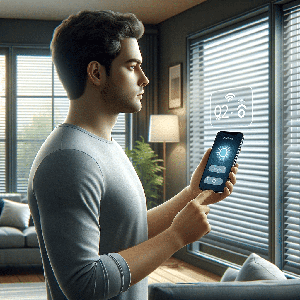 Persona utilizando un smartphone para controlar persianas inteligentes, destacando la comodidad tecnológica en el hogar | Persianas DF