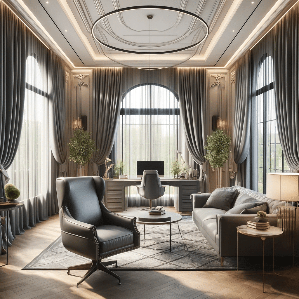 Oficina elegante con cortinas personalizadas. Ideas con originalidad con materiales de tela. | Persianas CDMX.