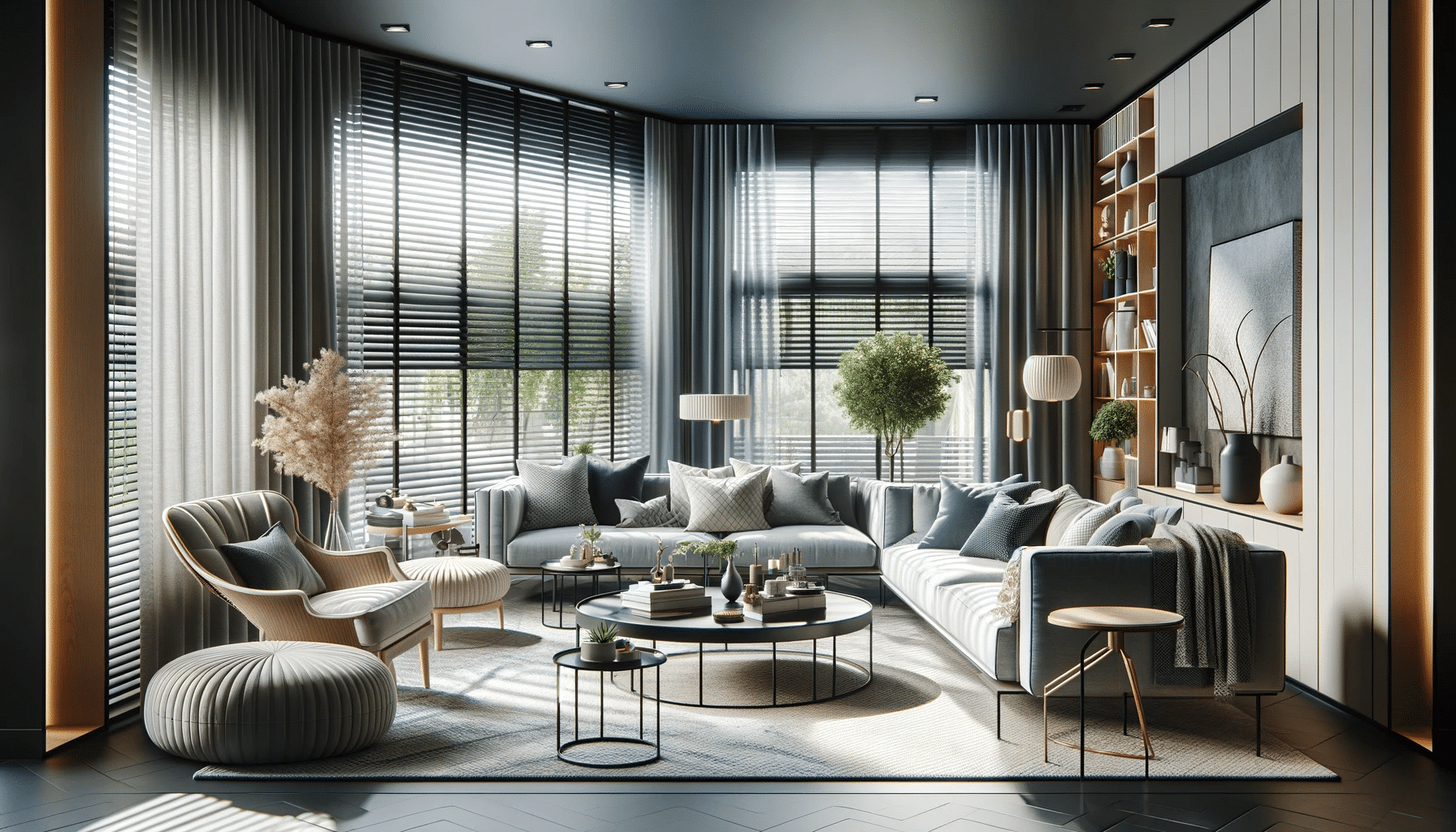 Sala moderna con cortinas blackout que crean un ambiente sereno y elegante. | Persianas CDMX.