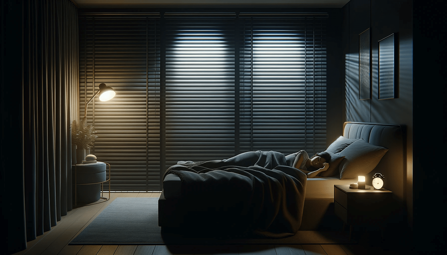 Dormitorio con persiana blackout cerradas y una persona durmiendo cómodamente. Las persianas blackout la elección ideal para el descanso y la privacidad| Persianas CDMX.