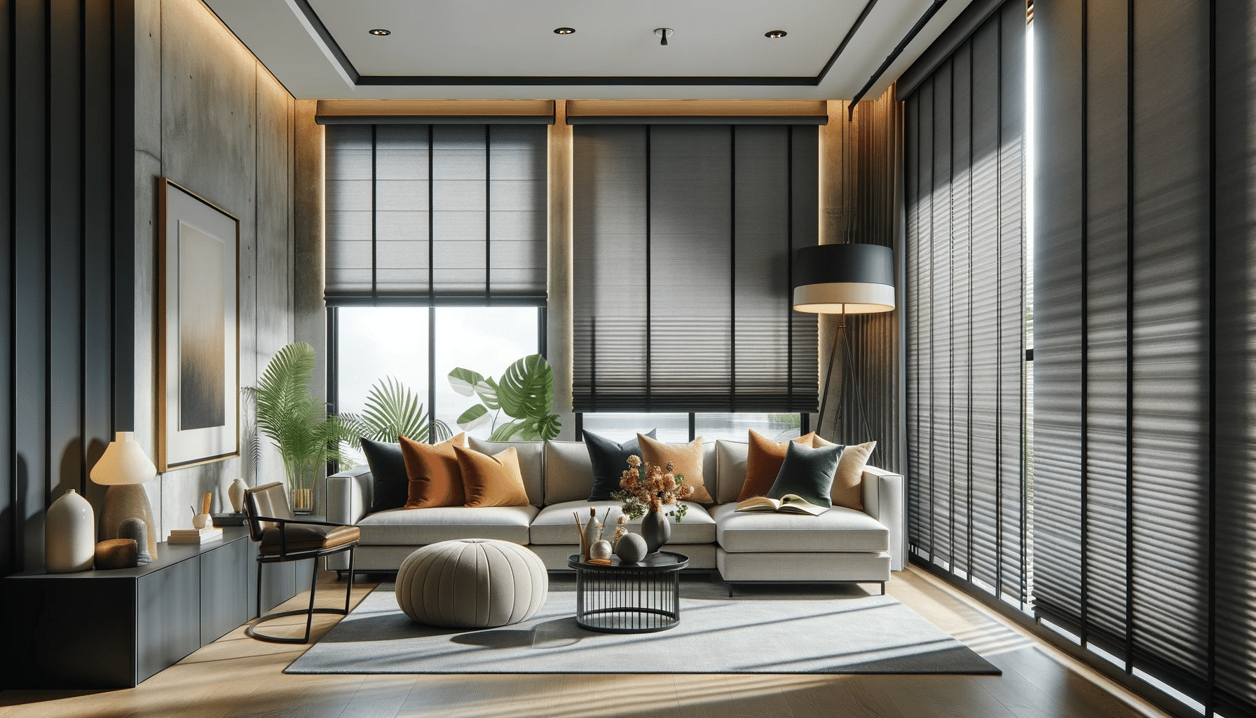 Sala de estar moderna con persianas blackout en colores neutros y decoración elegante. Cortinas blackout privacidad cortina blck out tela recámaras persianas enrollables espacio total de la luz elección ventanas mercado persiana| Persianas CDMX.