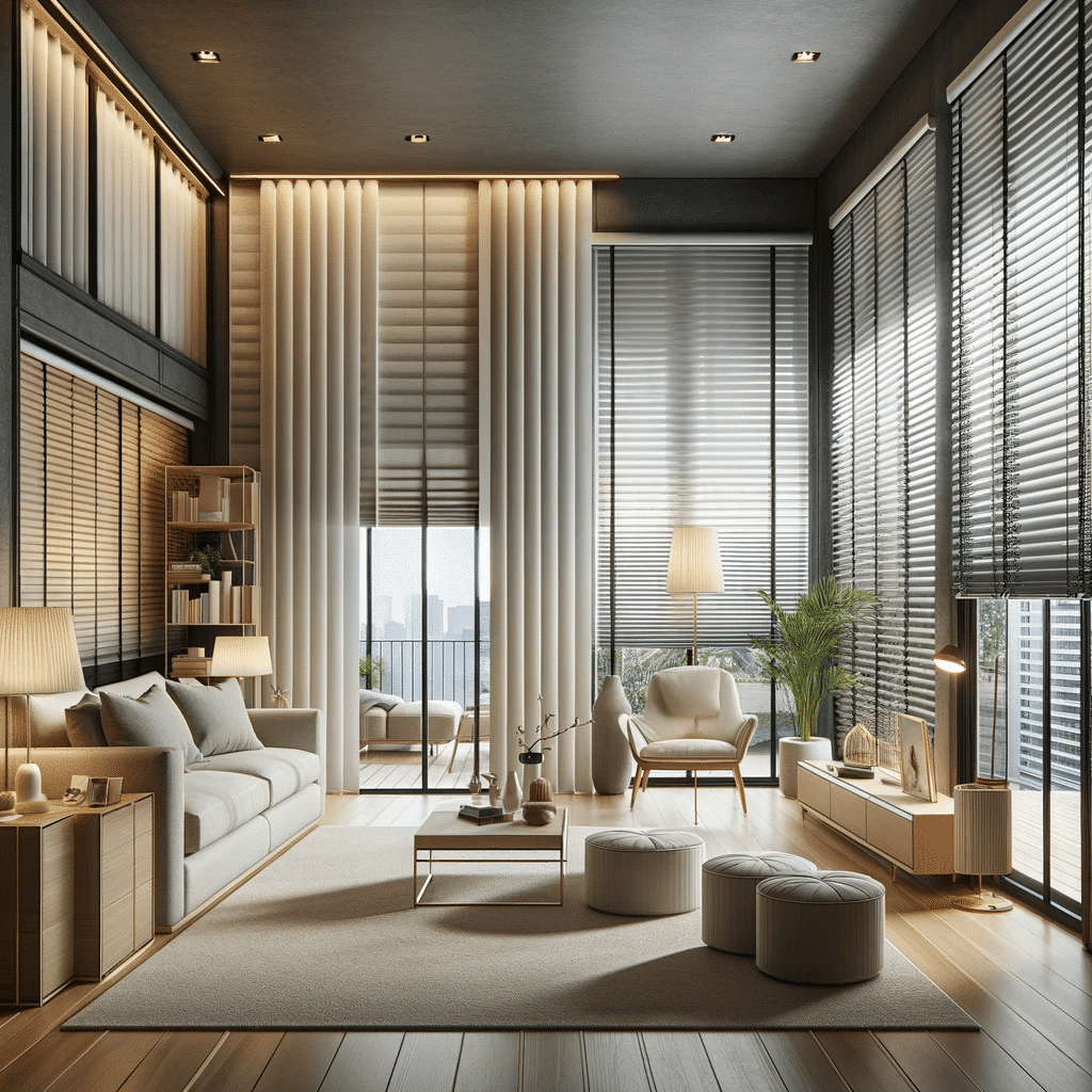 Sala moderna con diversos tipos de persiana. Sheer elegance tipos de persianas cortinas espacios luz y la privacidad persiana habitaciones habitación personas tela cortina | Persianas CDMX.