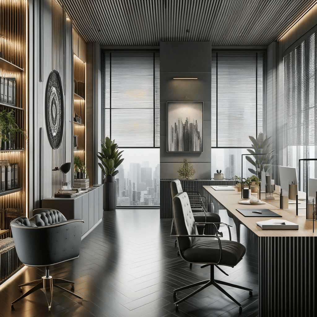 Oficina elegante con cortinas modernas. Información de contraste y toques de techos y paredes. | Persianas CDMX.