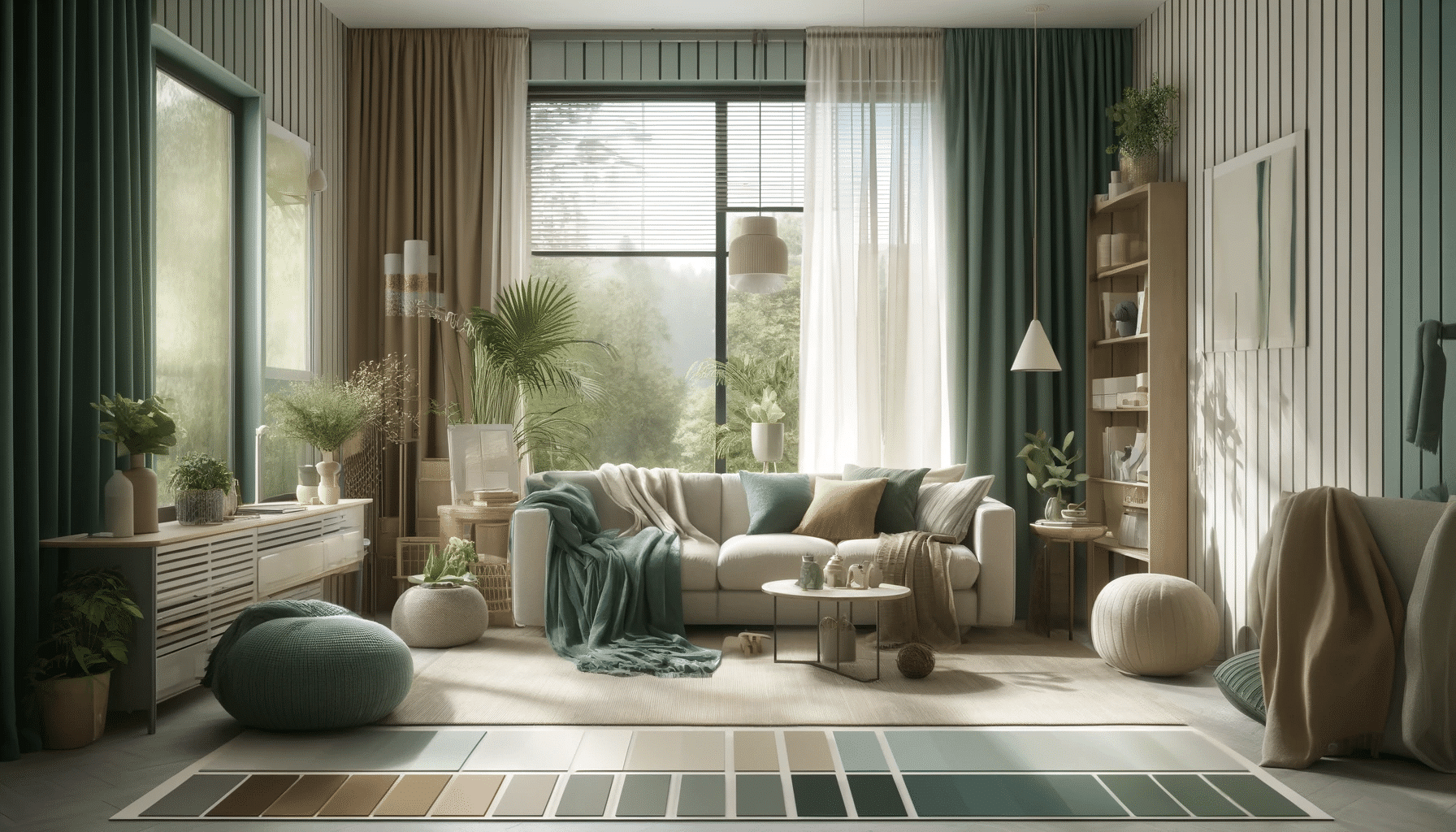 Sala acogedora con cortinas en tonos naturales y elementos en azul y turquesa | Persianas CDMX