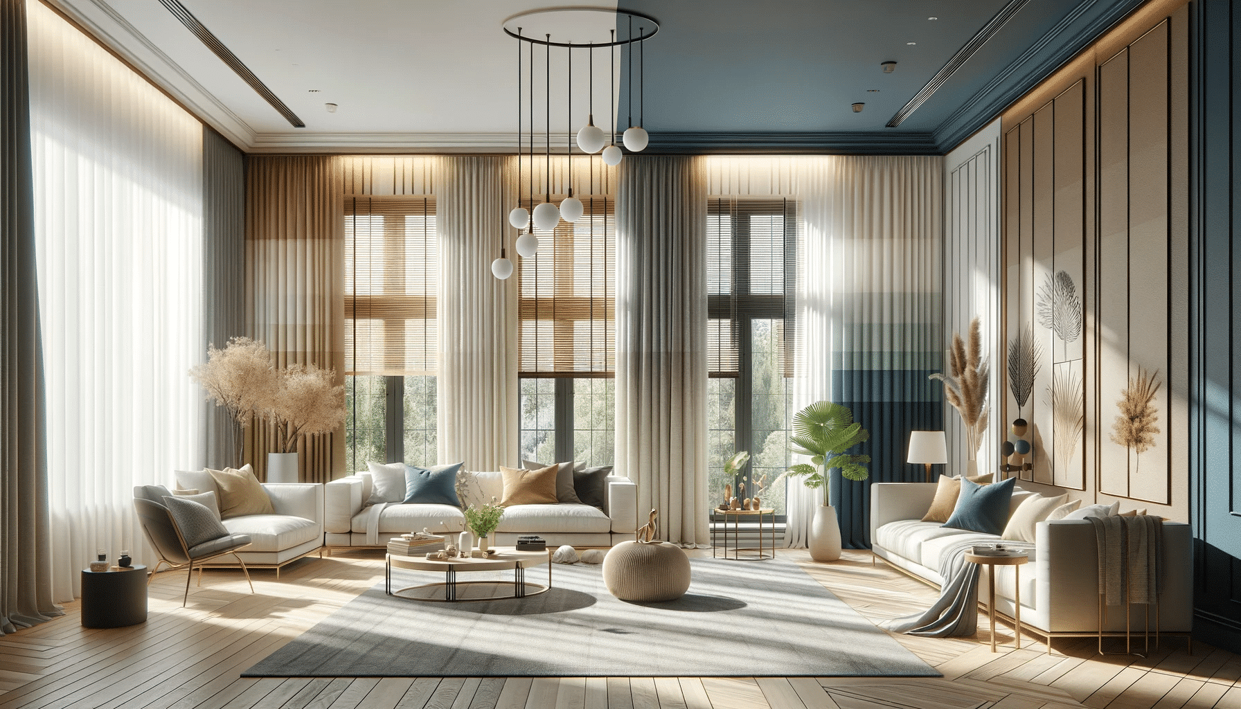 Sala decorada con persianas y cortinas en tonos claros y oscuros mostrando efectos de luz | Persianas CDMX