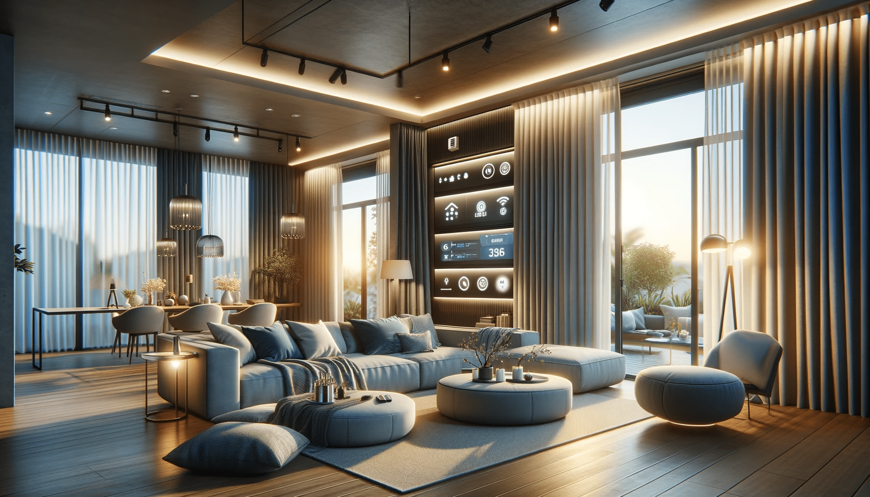 Interior moderno con cortina automatizadas y dispositivos inteligentes. Persianas y cortinas para un hogar inteligente| Persianas CDMX
