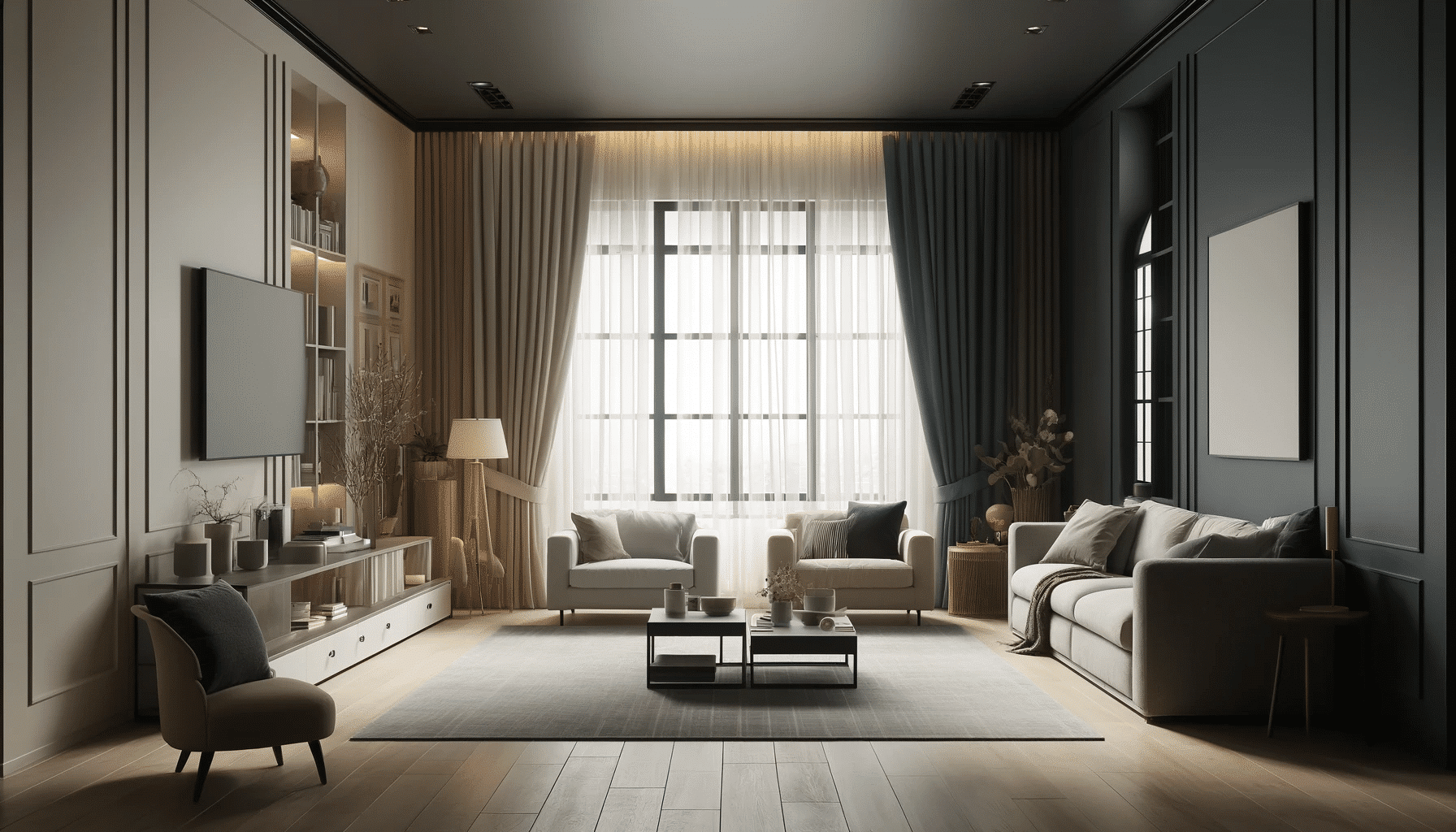 Sala con cortinas claras y oscuras mostrando efectos en tamaño y luminosidad | Persianas CDMX