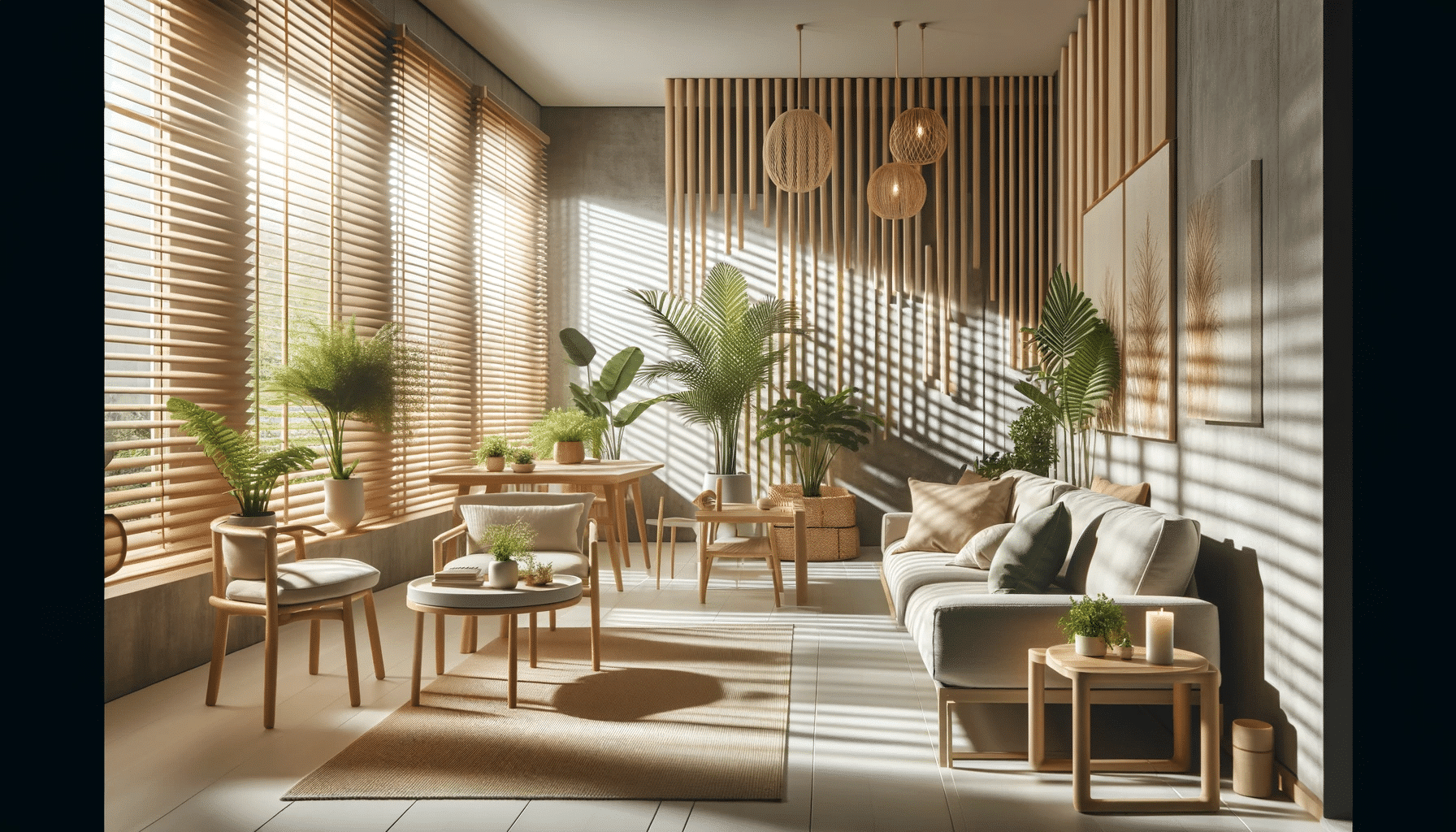 Interior moderno y ecológico con persiana sostenibles y plantas naturales. Persianas y cortinas eco friendly. Experiencia procesos necesidad telas aporte sector uso medida presencia ventanas consumos toldos mano de obra huella de carbono ventana espaciosreciclaje pet empresa fabricación tejidos pet | Persianas CDMX