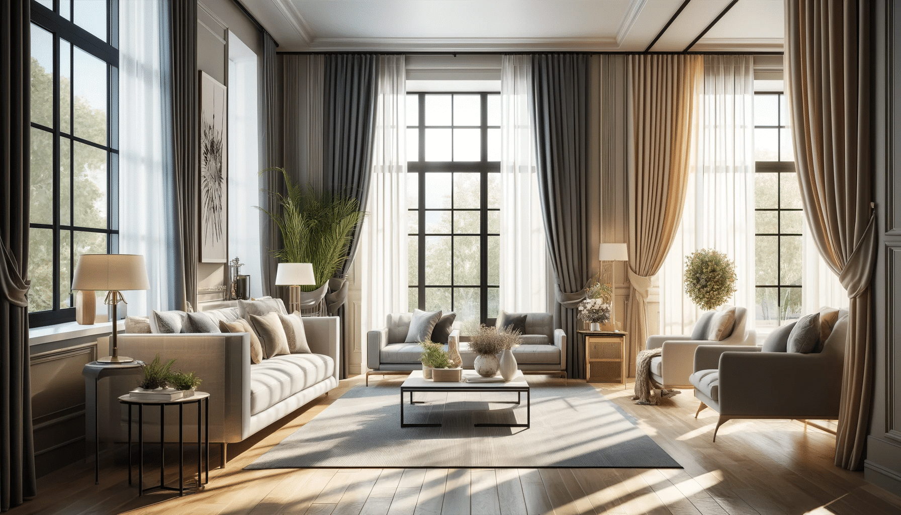 Sala moderna con cortinas y persianas de color variado en grandes ventanas | Persianas CDMX