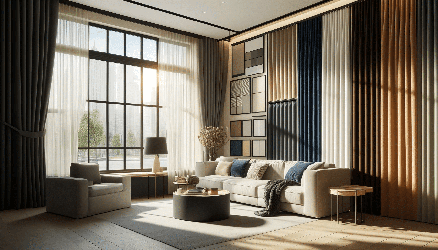 Sala elegante con cortinas de color claro y oscuro en ventana grande. Cortinas y persianas estampados color últimas tendencias estores visillos moda cortina elcción luz solar interior estilo tela diseño ventanas tendencia  | Persianas CDMX
