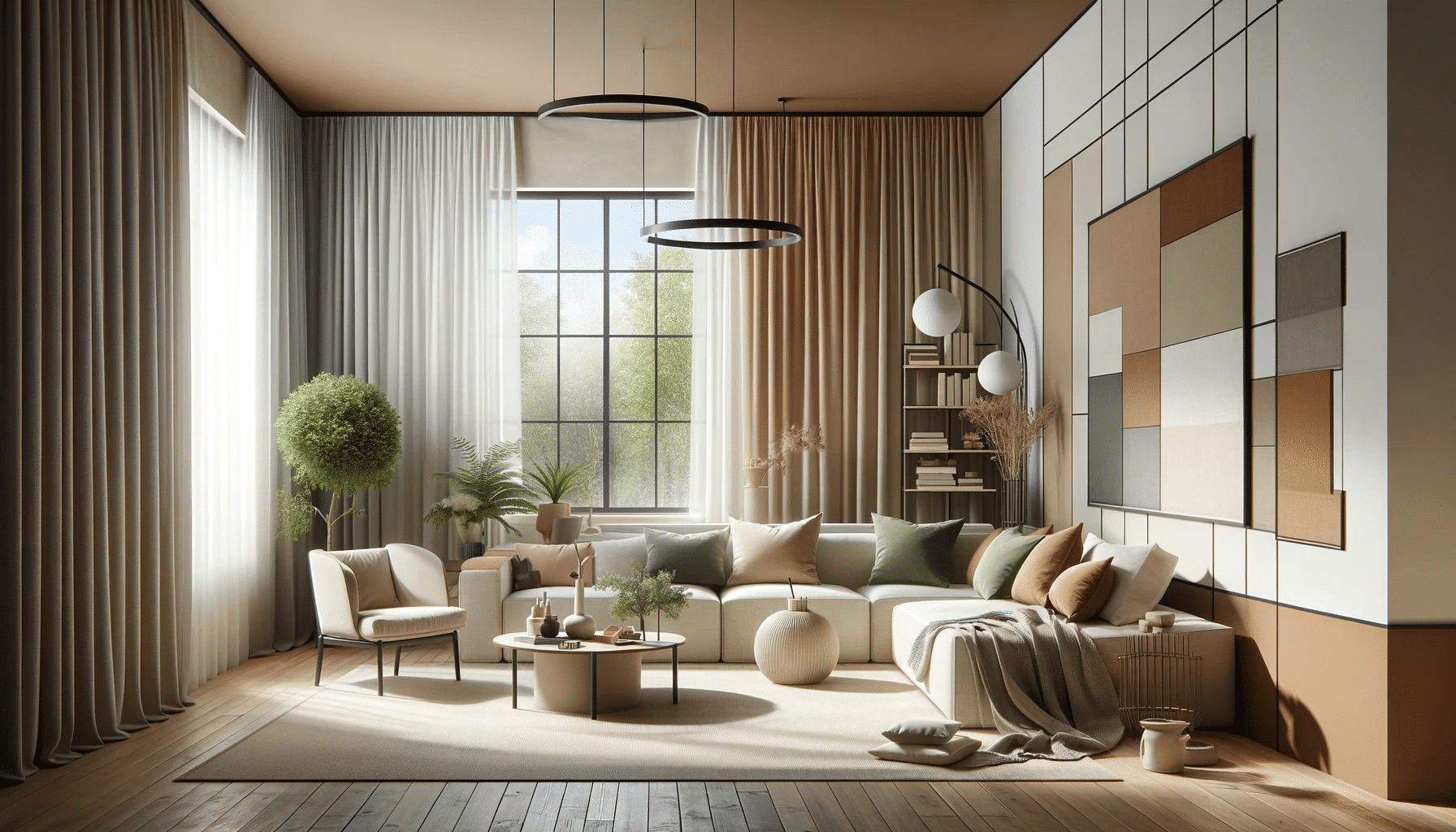Sala moderna con cortinas en tonos neutros y tierra en ventana grande | Persianas CDMX