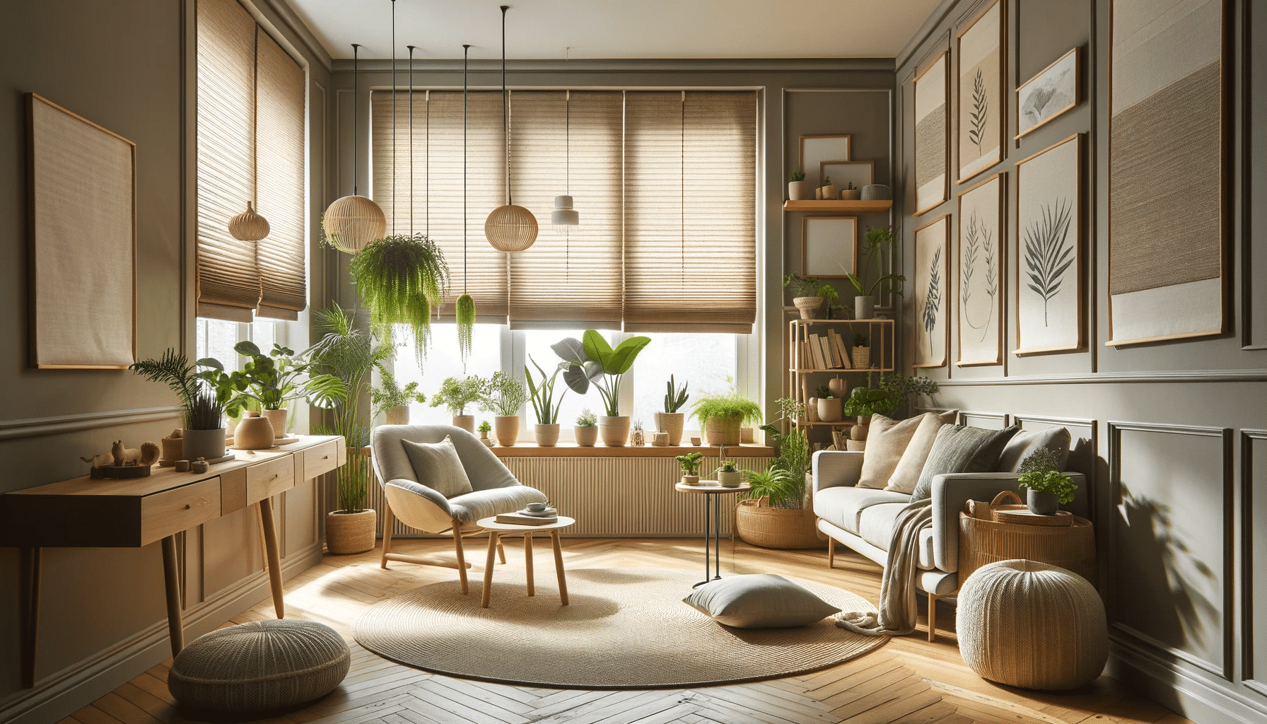 Interior elegante con persiana de bambú y lino, decorado con elementos naturales. Cortinas hunter douglas planeta calidad mundo productos cortinas y persianas fabricación tejidos empresa innovación pet reciclaje arquitectura empresas espacios ventana mano de obra toldos nombre telas ventanas | Persianas CDMX
