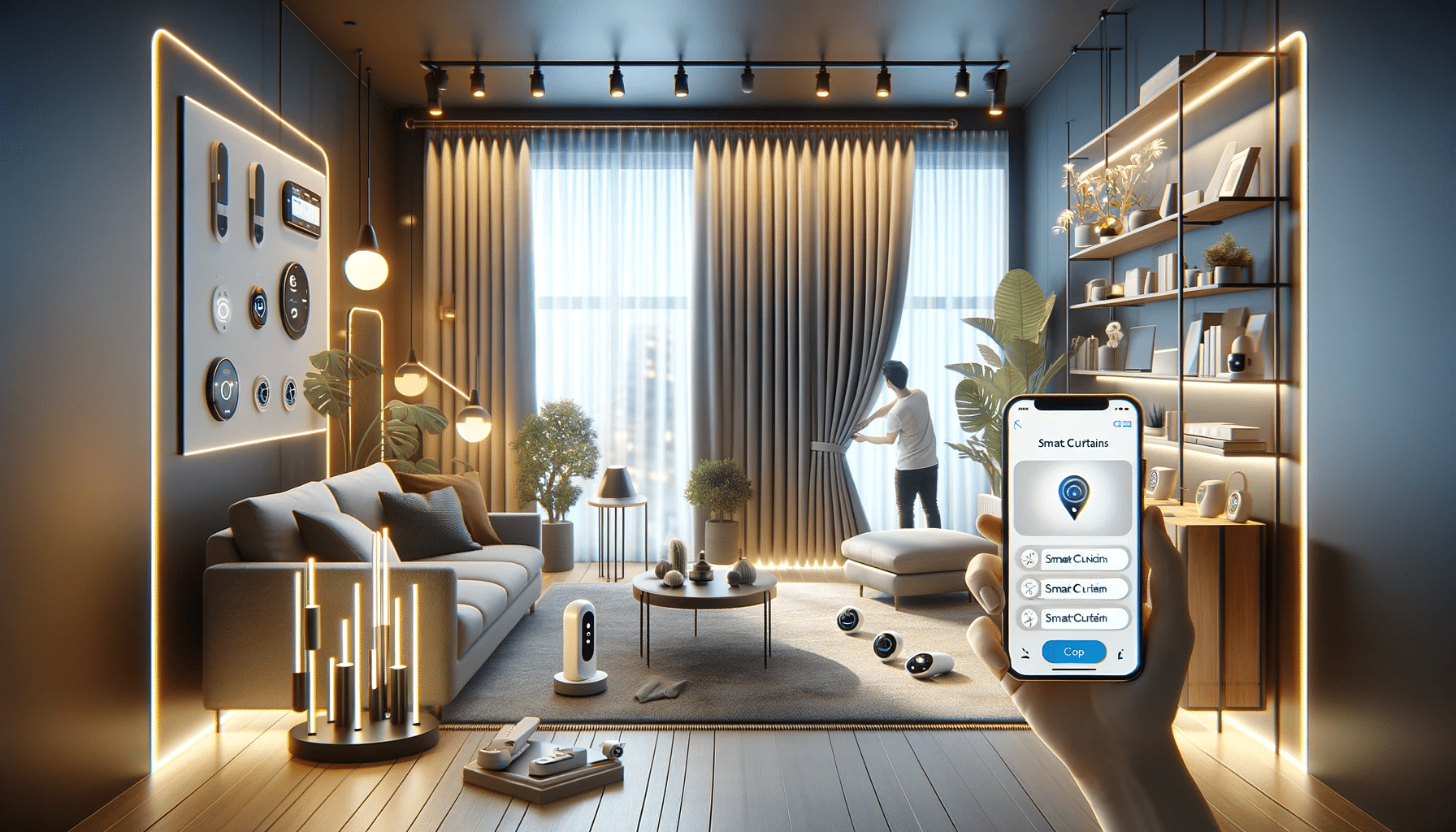 Instalación de cortina inteligente en un hogar moderno con dispositivos conectados. Apertura casas características toldo caso motorización batería medio casa luz productos srvicio información persiana caso medio | Persianas CDMX