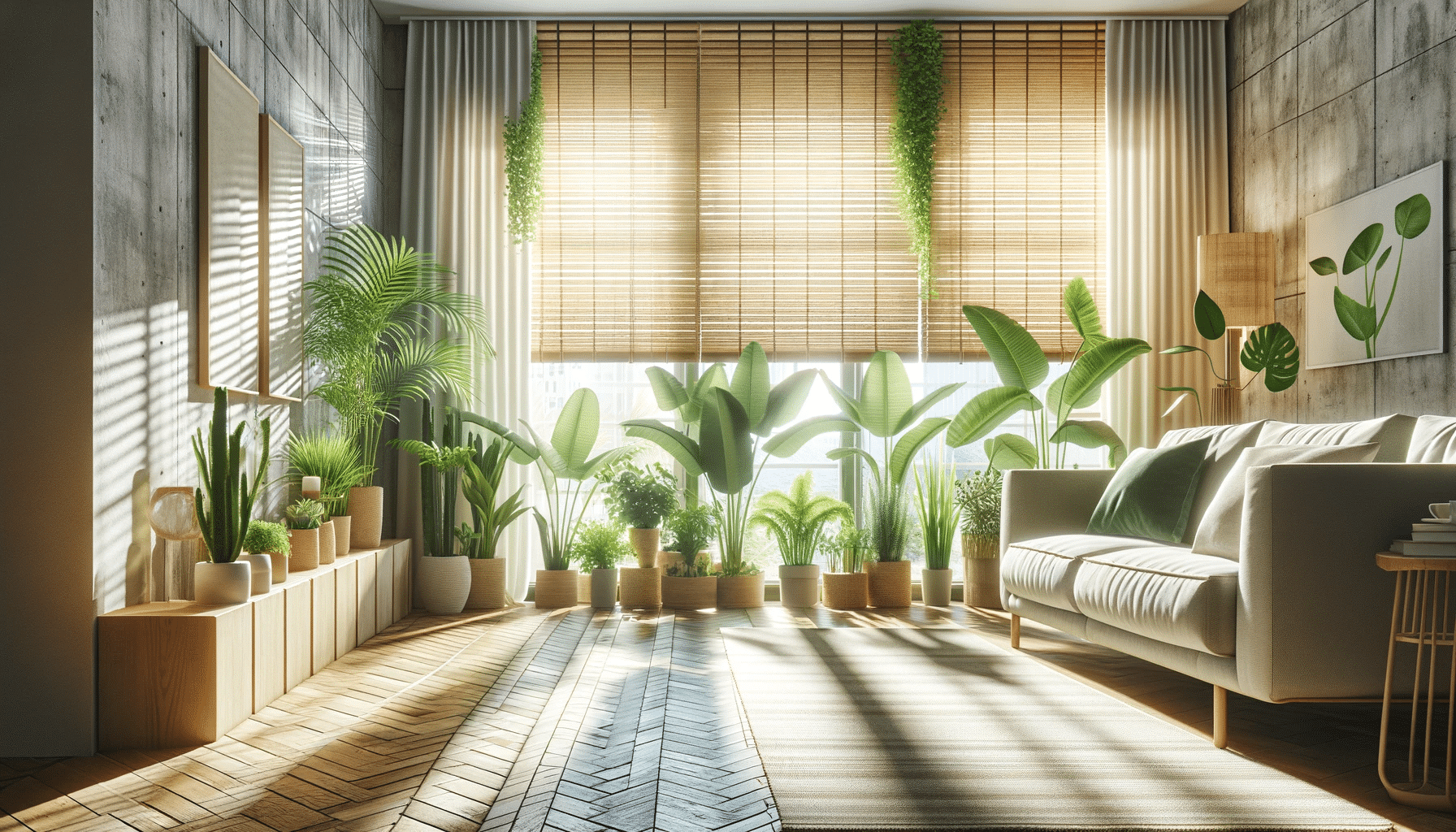 Sala moderna y luminosa con persiana ecológicas y plantas interiores | Persiana CDMX