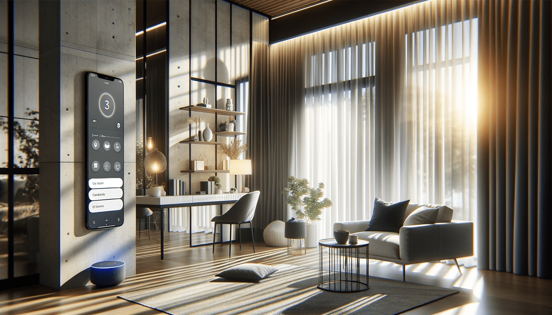 Sala moderna con cortina inteligente y dispositivos de control integrados. | Persianas CDMX