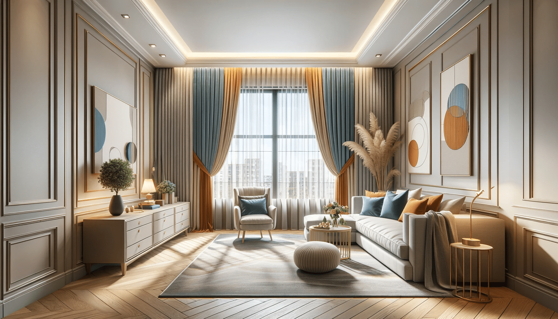 Sala decorada con cortinas y persianas en tonos complementarios y neutros | Persianas CDMX