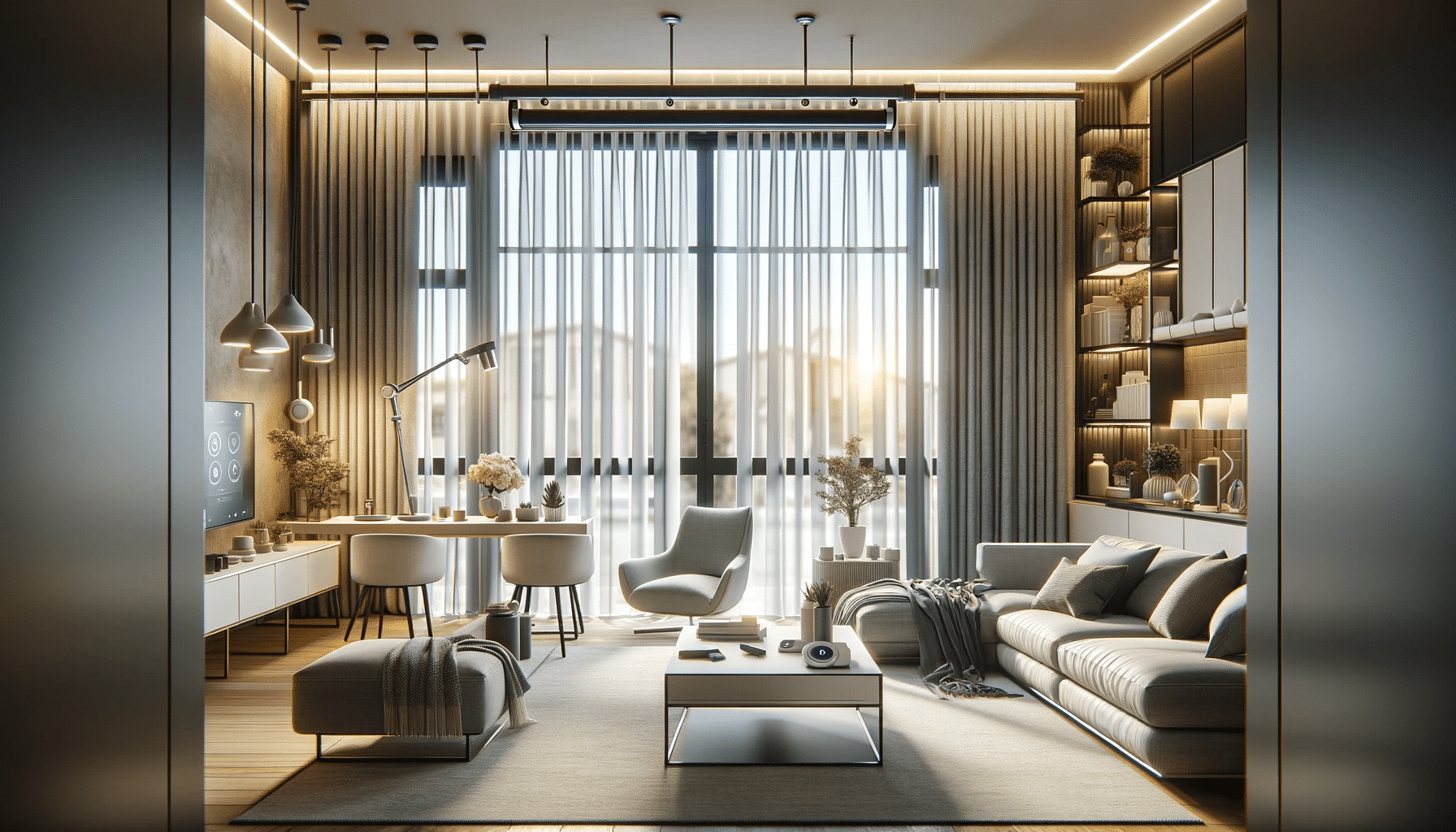 Sala moderna con cortina inteligente automatizadas en grandes ventanas. | Persianas CDMX
