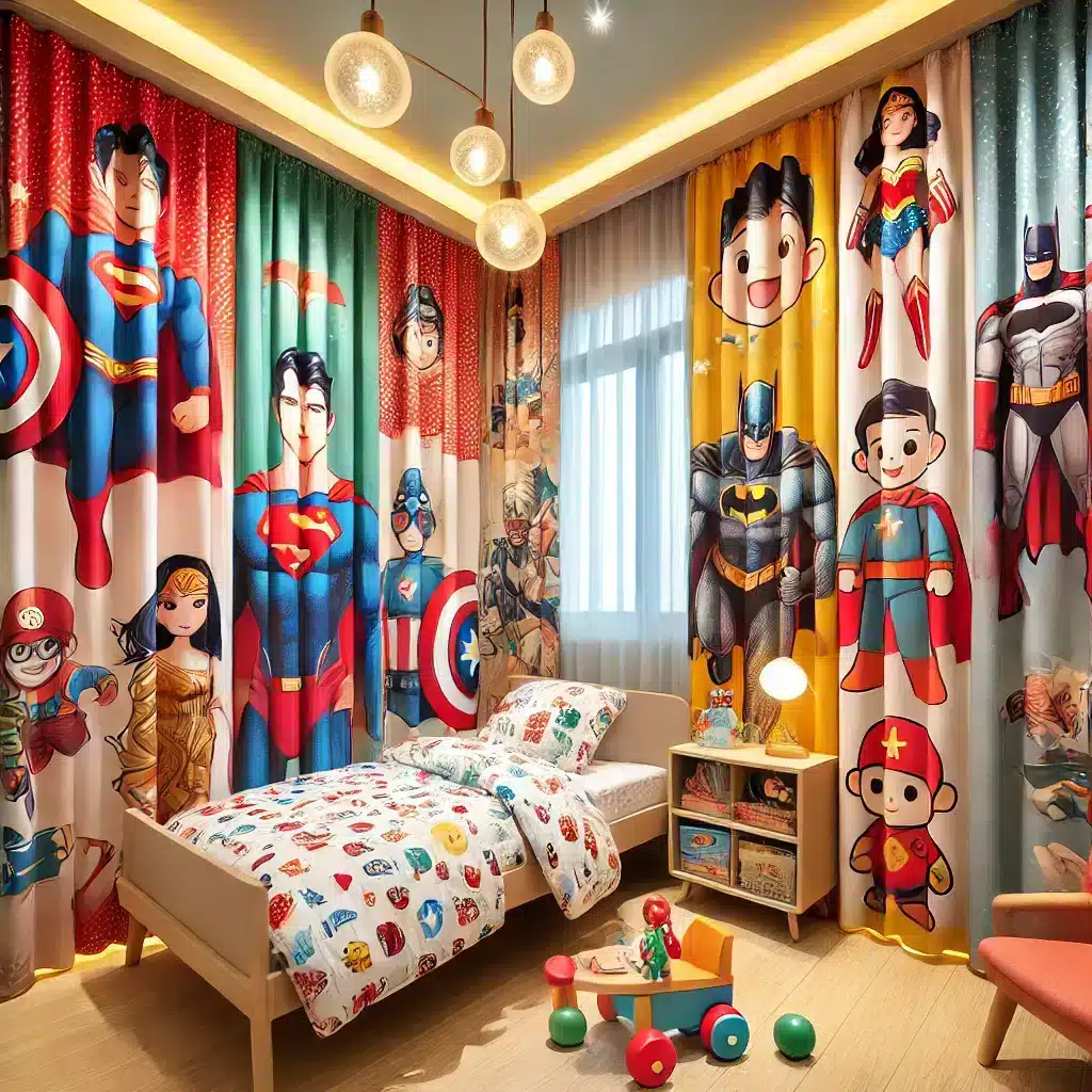 Cortina colorida con personajes de cuentos en habitación infantil alegre. Persianas y cortinas para niños seguridad y estilo en habitaciones infantiles | Persianas CDMX