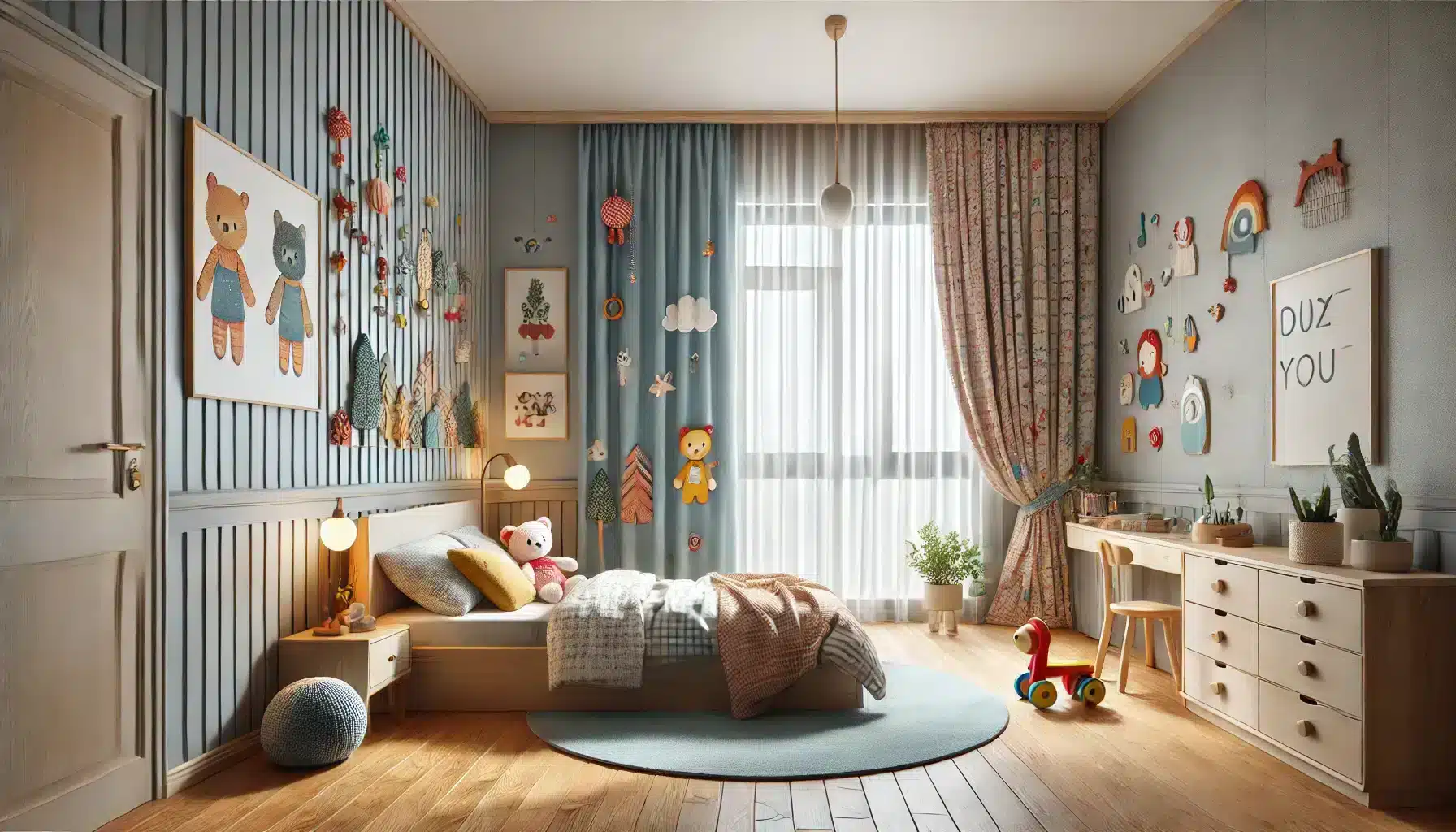 Habitación infantil con cortina temática que complementa la decoración. Persianas cordones habitación de los niños cables recámara casa niño proceso modelo persianas para niños riesgos hogar persiana cadenas cortina peligros hijo distancia algo cordon | Persianas CDMX