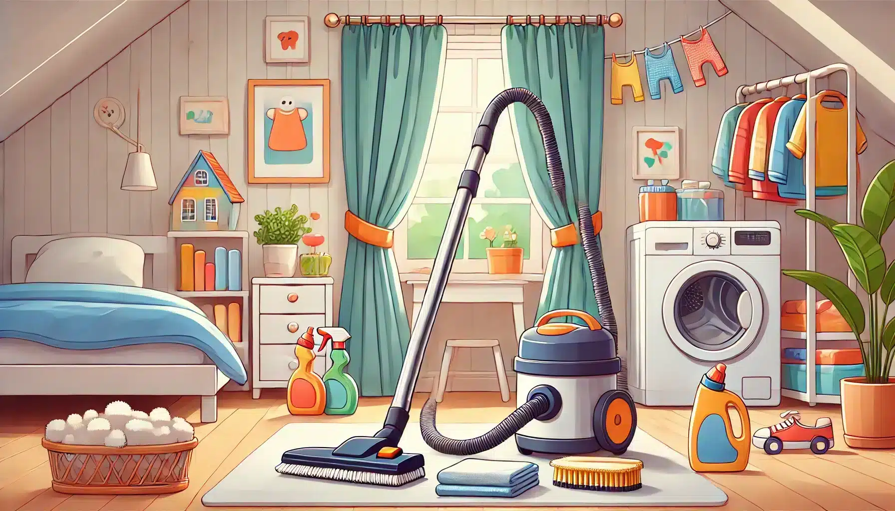 Habitación infantil ordenada con cortina colorida y elementos de limpieza. Cordón riesgo toque mascotas diseños hijos tablas modelos | Persianas CDMX