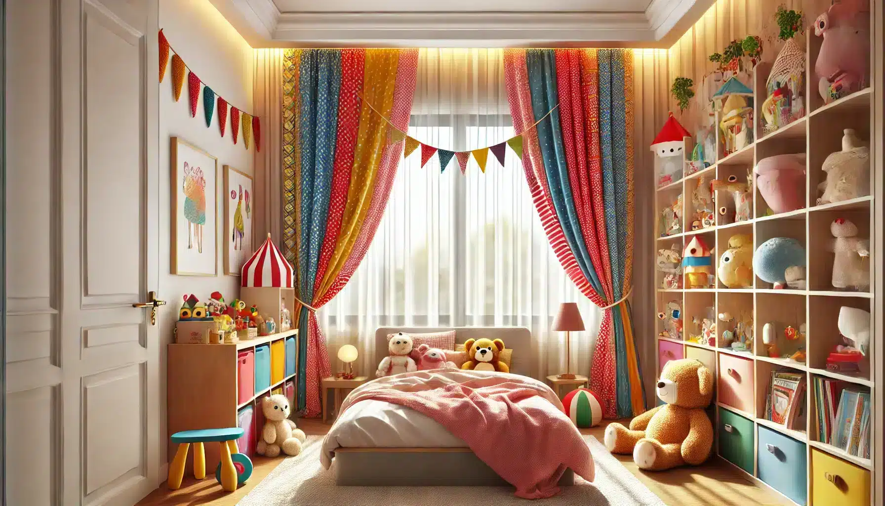 Habitación infantil acogedora con cortinas coloridas y decoración juguetona | Persianas CDMX