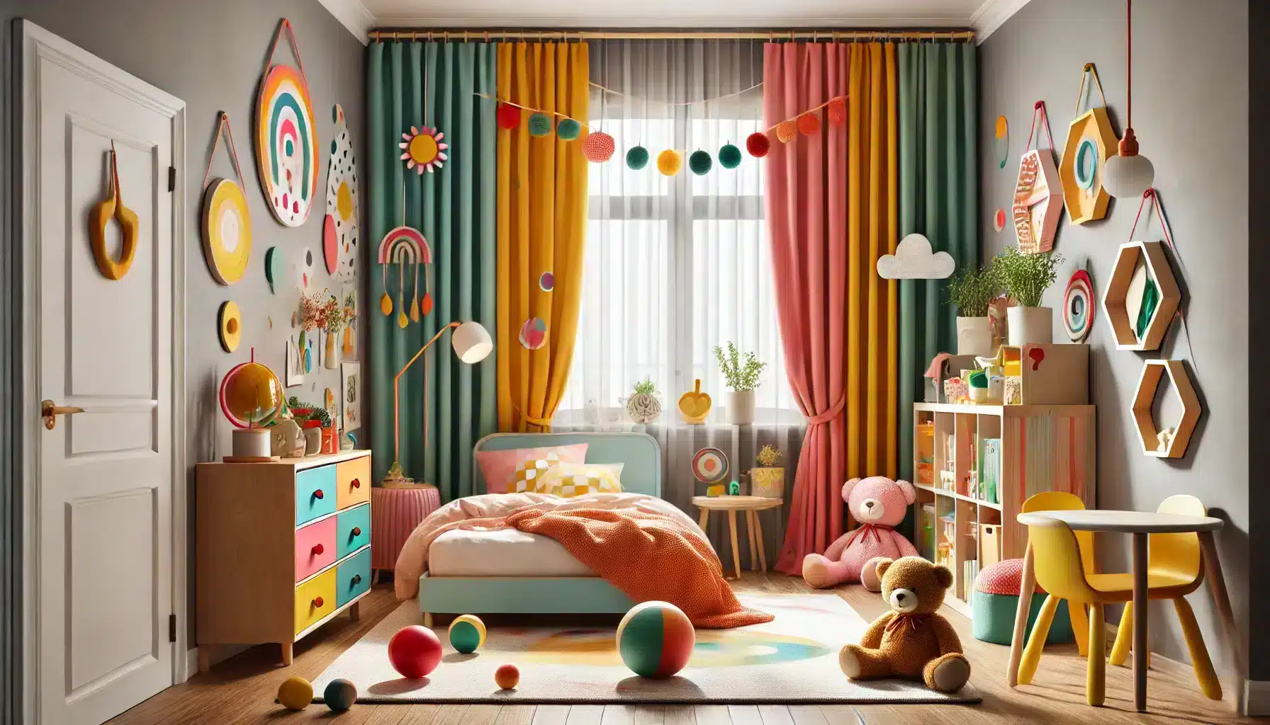 Habitación infantil colorida con cortina vibrante y decoración acogedora. Continuación  | Persianas CDMX