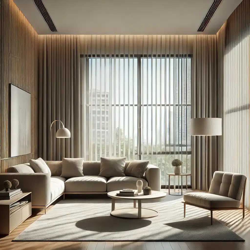 Sala moderna con persianas verticales beige | Persianas CDMX