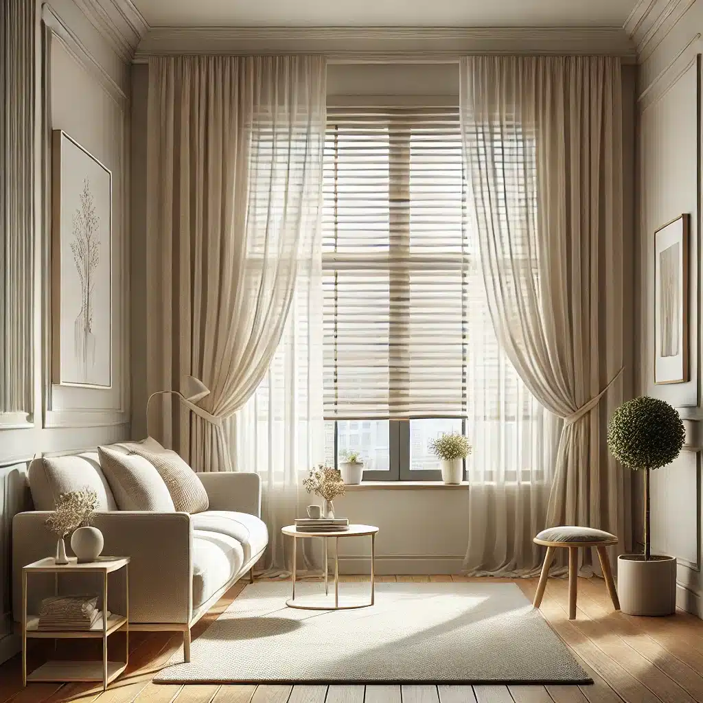 Sala compacta con persianas neutras y cortinas ligeras | Persianas CDMX