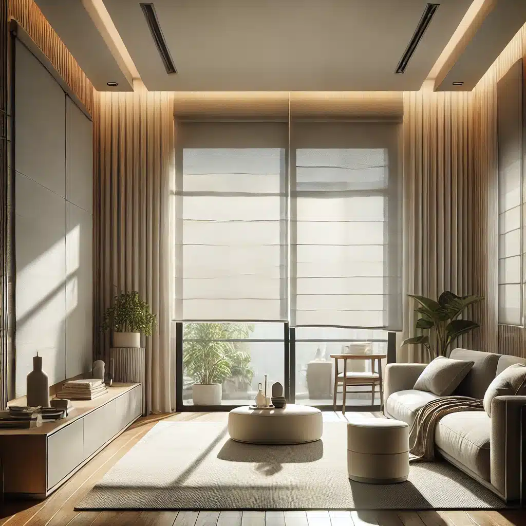Sala luminosa con persianas modernas y diseño minimalista | Persianas CDMX