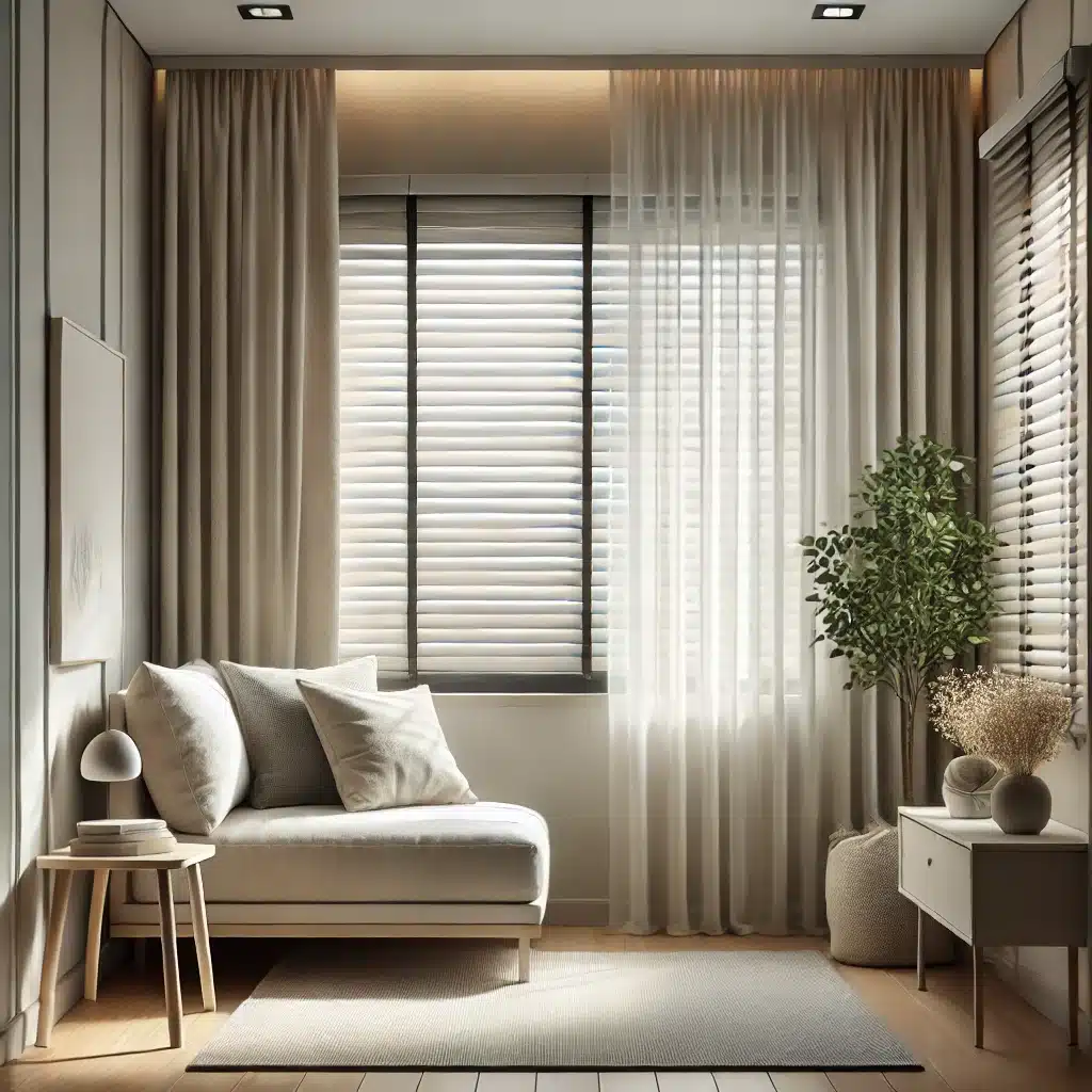 Sala pequeña con cortinas ligeras y persianas neutras | Persianas CDMX