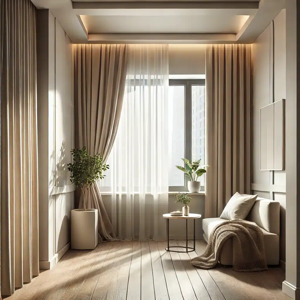 Sala pequeña con cortinas y persianas neutras | Persianas CDMX