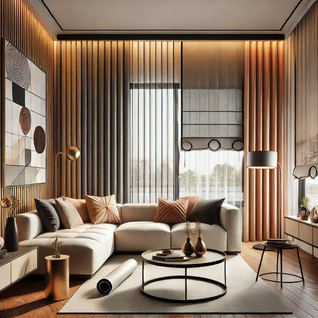 Sala moderna con cortinas geométricas y persianas enrollables | Persianas CDMX