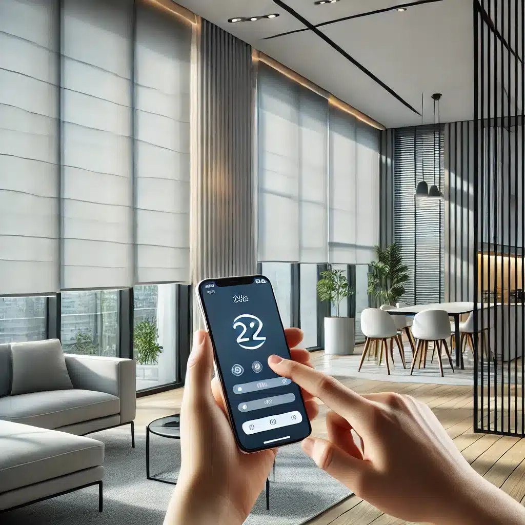 Persona usando app móvil para controlar persianas inteligentes | Persianas CDMX