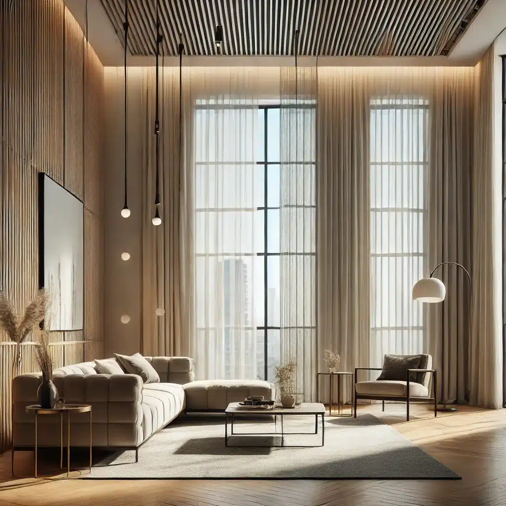 Sala moderna con persianas verticales y luz natural. Láminas con telas de control de luz | Persianas CDMX